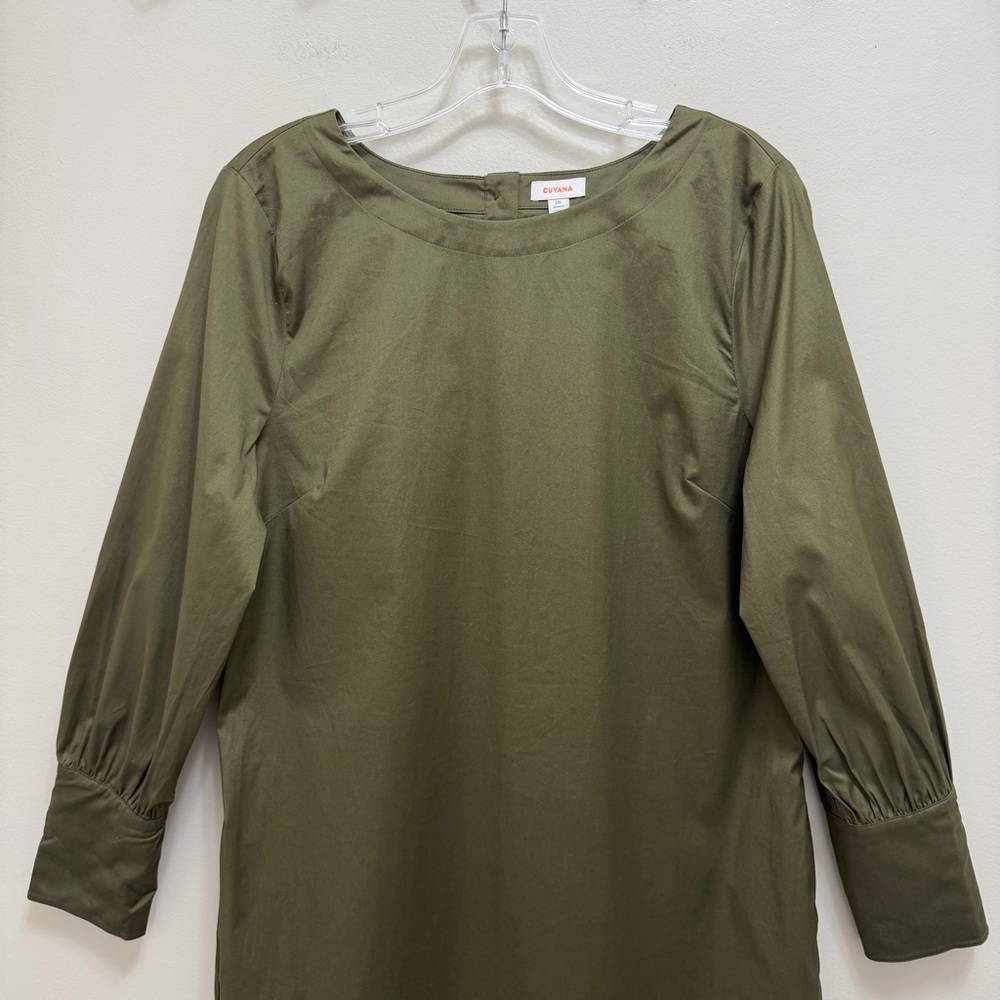Cuyana Poplin Cotton Stretch Shift Dress Long Sleeve Pockets Olive Green Size L - Picture 4 of 13